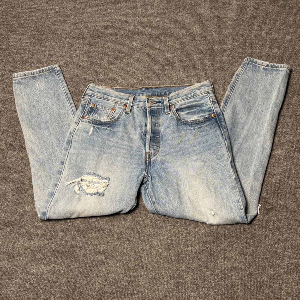 Levis 501 Skinny Jeans Womens 28 Blue Light Wash Distressed Button Fly Denim